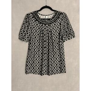 NY Collection Sheer Inset Top Women's Petite Large Short Puff Sleeve Black NEW